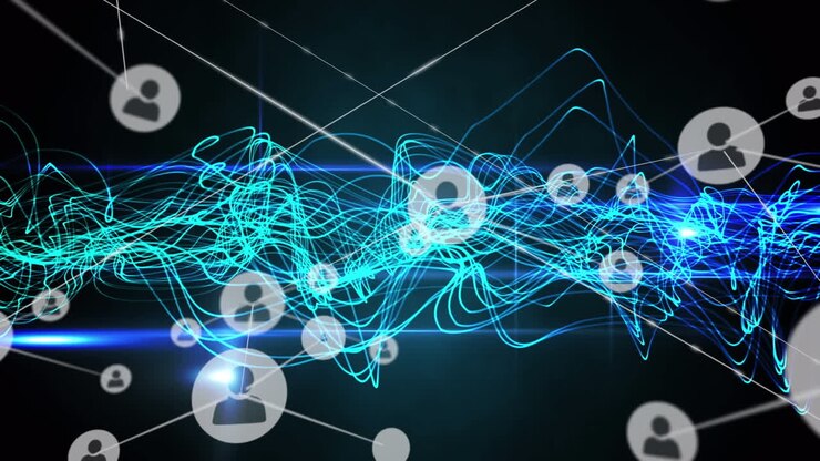 Animation of network of profile icons and glowing blue wavy light trails against black background