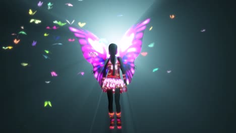 fairy with colorful wings and outfit standing in front of volumetric light casting light rays, and colorful butterflies flying all around 3d animation