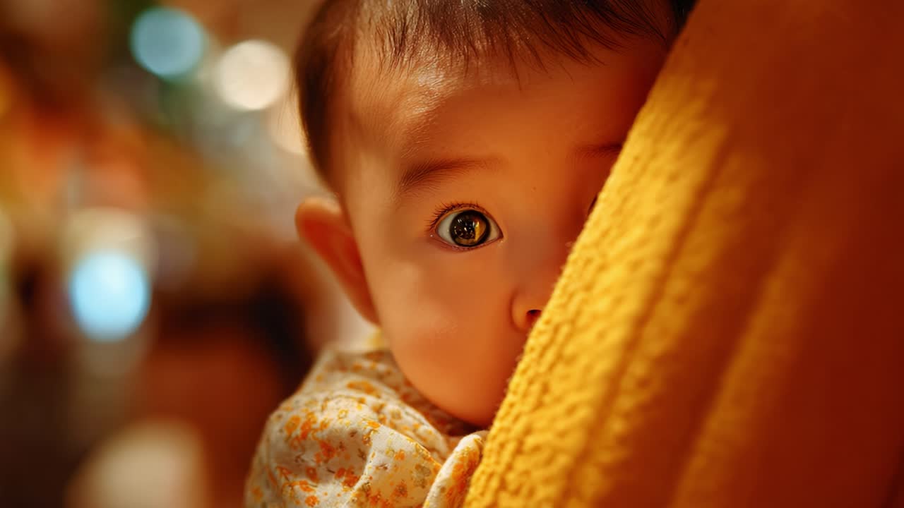 An Adorable Baby Peeking Curiously from Behind a Cozy Fabric, Capturing a Moment of Innocence and Wonder in a Softly Lit Environment Full of Colorful Backgrounds