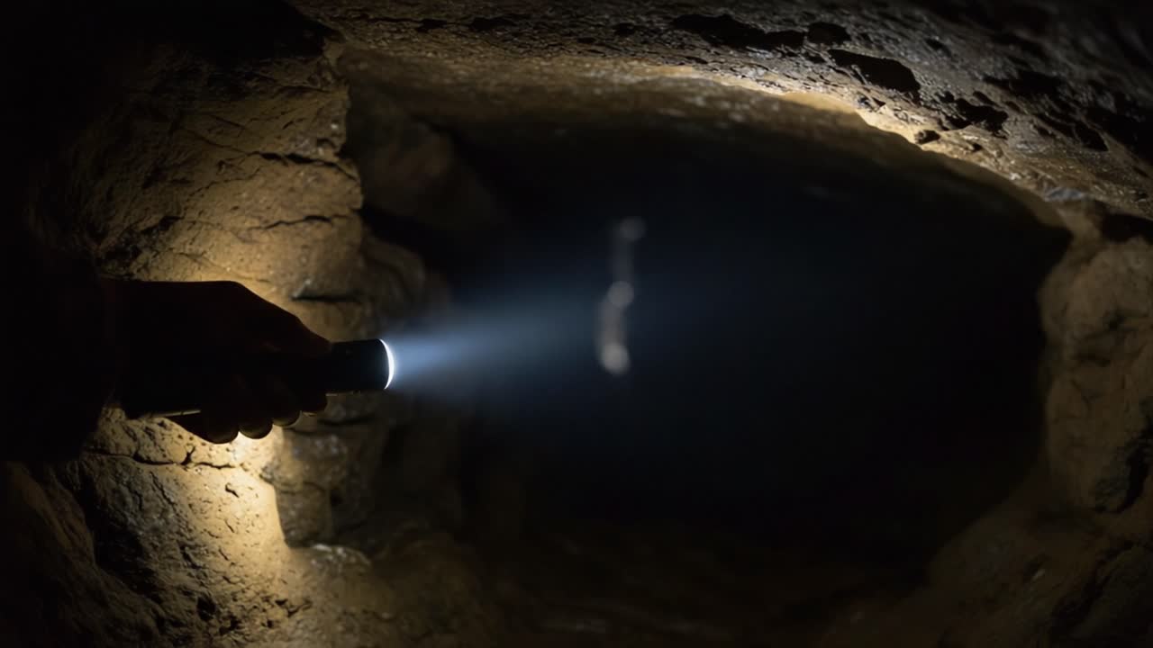 Exploring the Depths: A Person Illuminating a Dark Cave Passage with a Flashlight, Revealing the Hidden Wonders Within the Mysterious Underground Realm