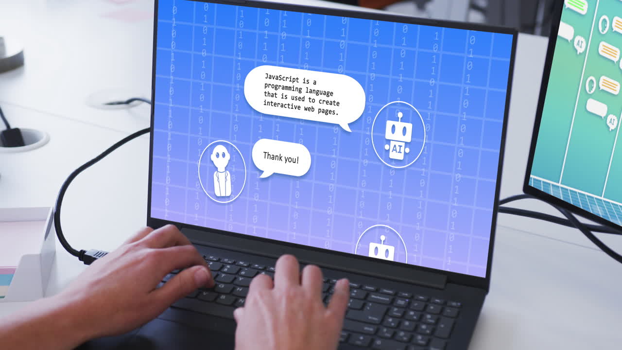 composición de las manos de un hombre biracial usando una computadora portátil con un chat en la pantalla