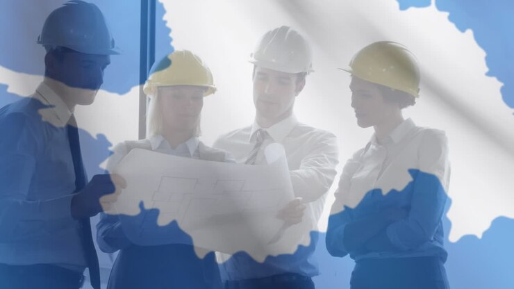 Bandiera originale su operai edili che lavorano sui progetti