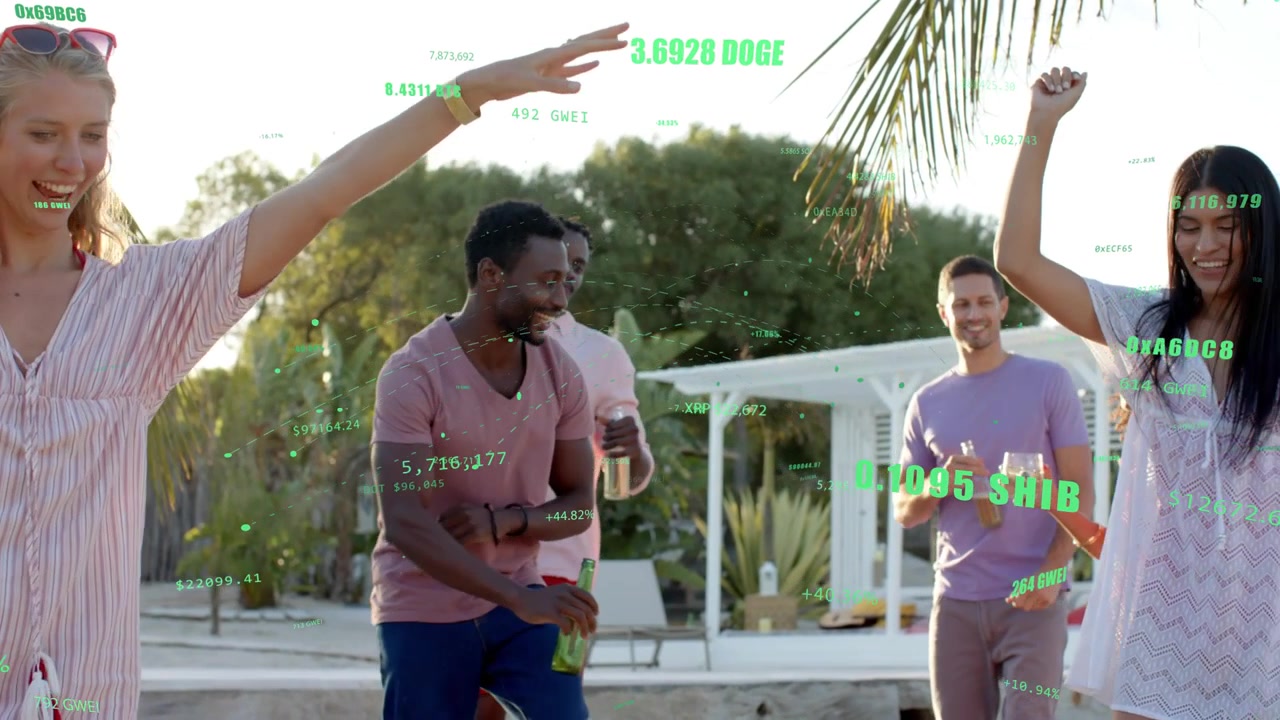 Male dancer celebrating poolside with friends, crypto tickers appearing, intersecting and growing