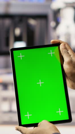 vertical video engineer in smart factory using mockup tablet to oversee robotic assembly lines