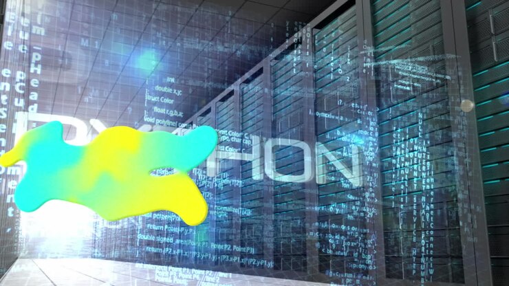 Animation of colorful stain over data processing and server room
