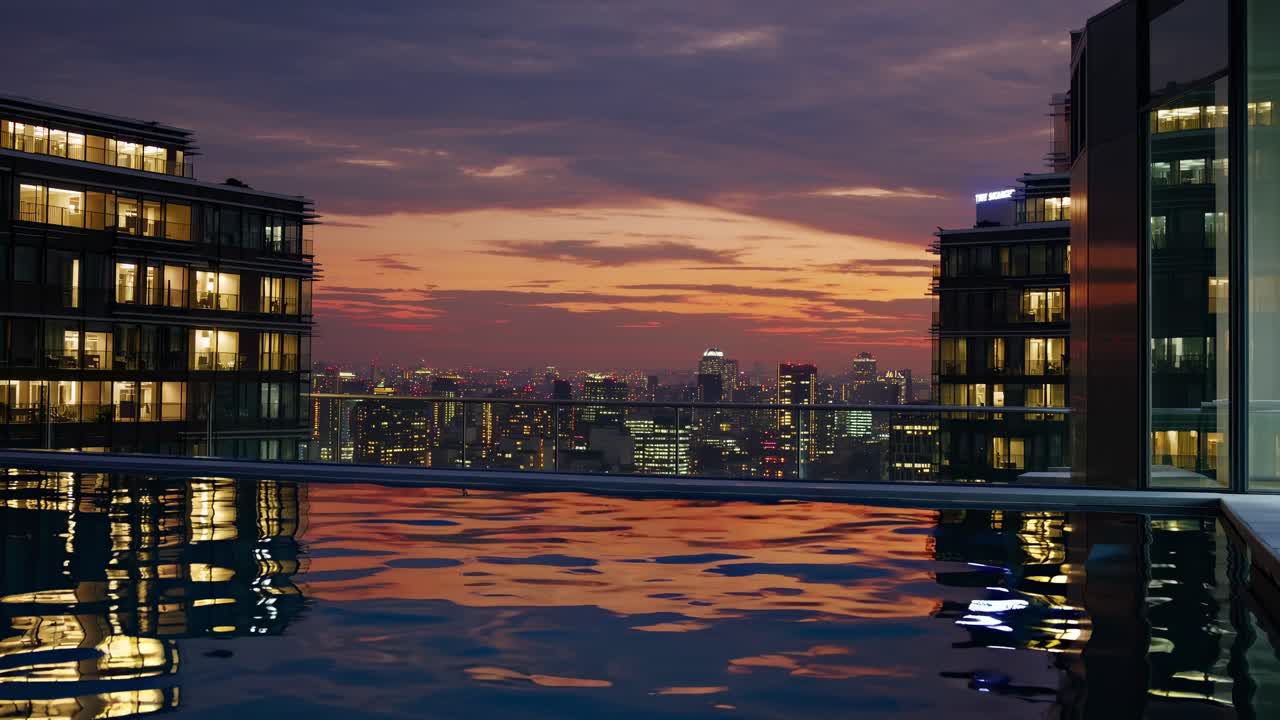 Warm sunset colors reflecting in rooftop infinity pool water overlooking illuminated modern city skyline at dusk, creating serene and luxurious atmosphere