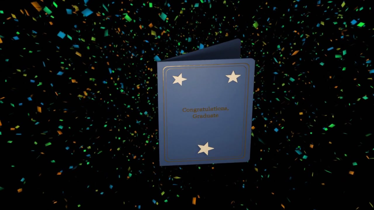 Confetti drifting while card rotating and opening, navy card revealing gold text and blank inside