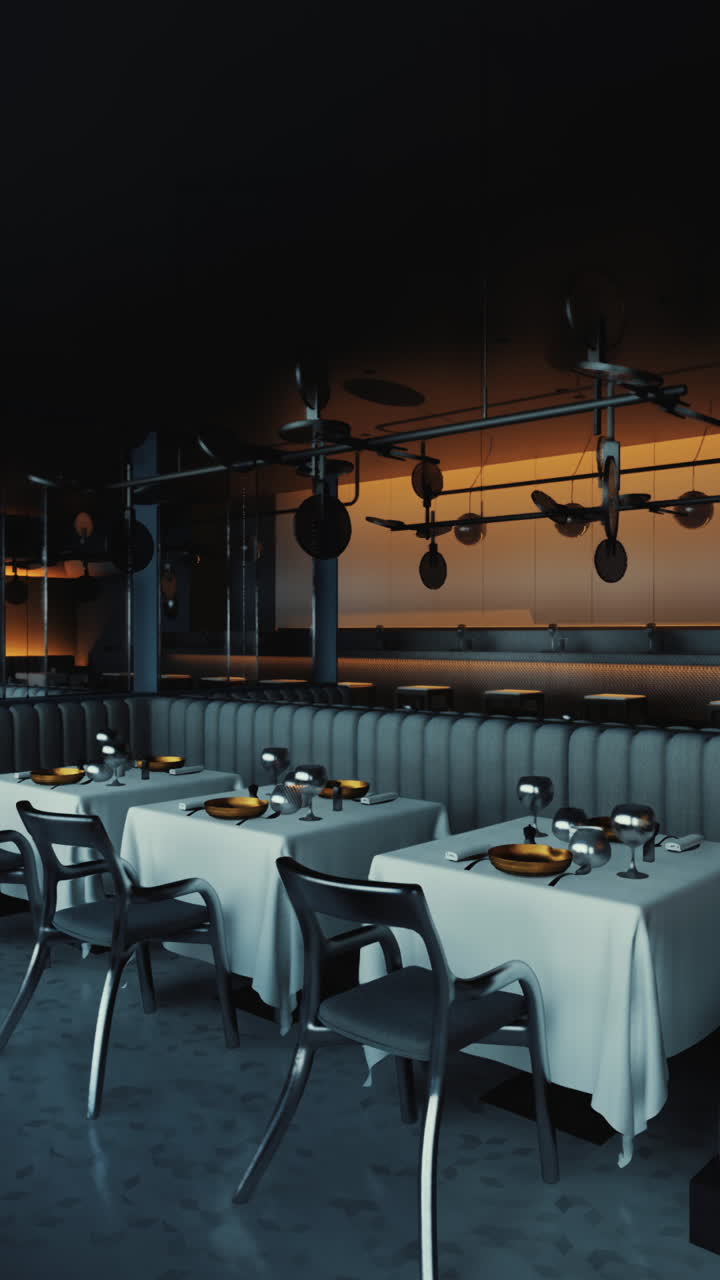 색 식탁 천과 금색 억양으로 모더니즘 레스토랑 인테리어