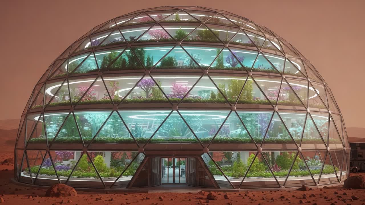 Futuristic Eco-Dome on Mars: A Vision of Sustainable Living with Lush Gardens and Advanced Architecture in an Extraterrestrial Environment