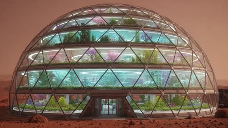 futuristic eco-dome on mars: a vision of sustainable living with lush gardens and advanced architecture in an extraterrestrial environment
