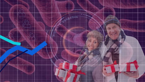animación del procesamiento de datos sobre células de virus y pareja caucásica.