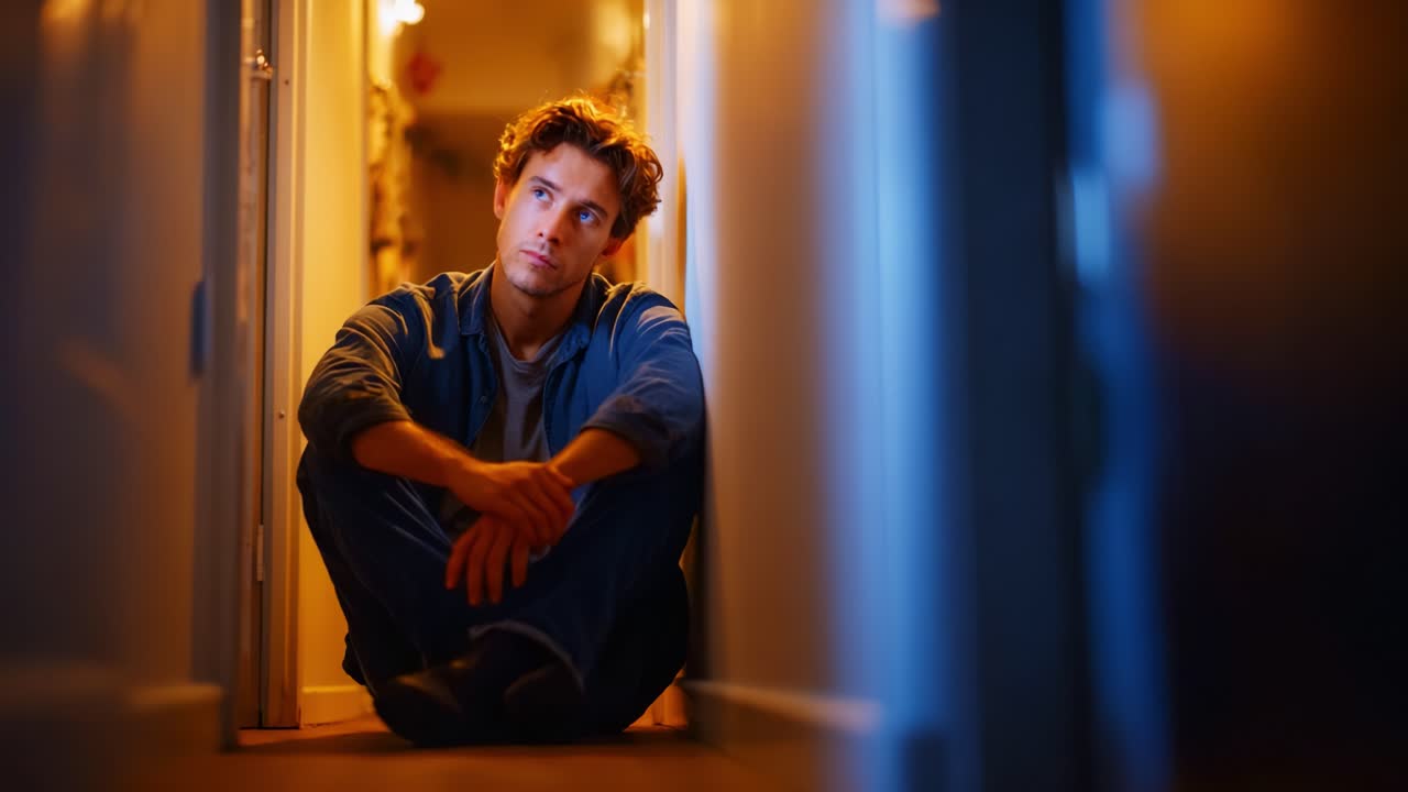 A contemplative young man sits thoughtfully on the floor of a dimly lit hallway, reflecting on his thoughts as soft light casts a warm glow around him
