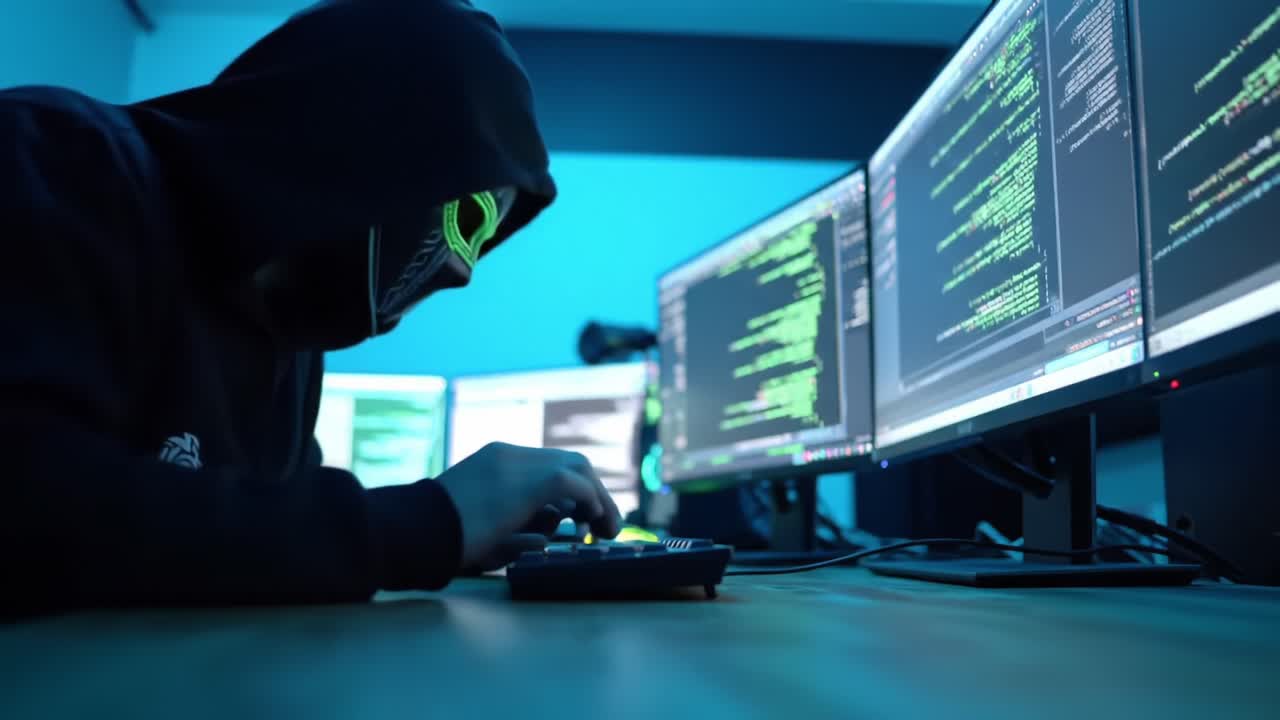 A Mysterious Figure Engaged in Hacking Activities at a High-Tech Setup Surrounded by Multiple Monitors Displaying Lines of Code in a Dimly Lit Room