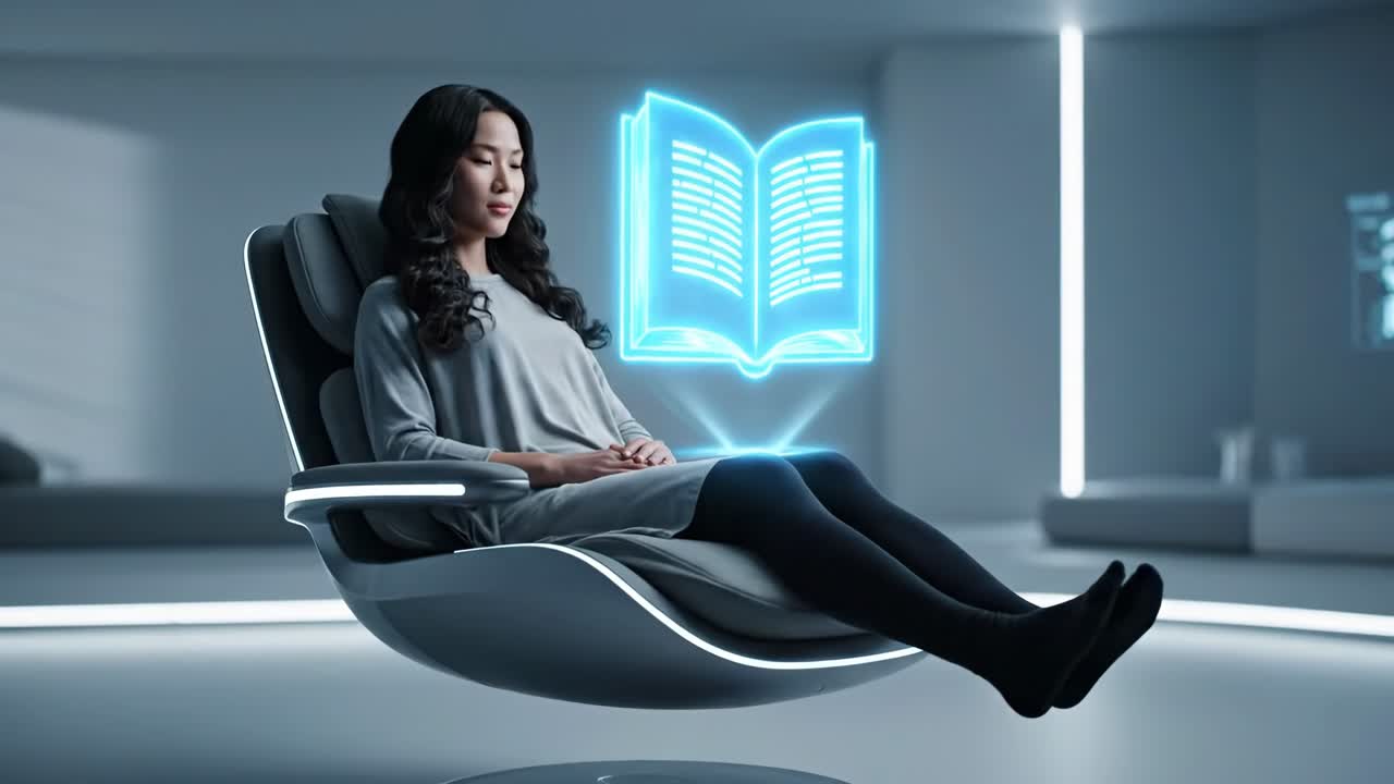 Donna che legge un libro digitale su una sedia futuristica
