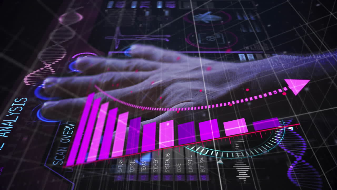 Interacting with digital animation, hand exploring pink bar graphs and data analysis