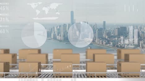 animation of statistics processing over cardboard boxes on conveyor belts and cityscape