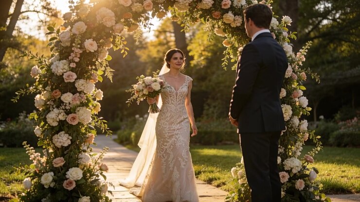 Starting bride in lace gown approaching groom watching in suit under floral arch holding bouquet