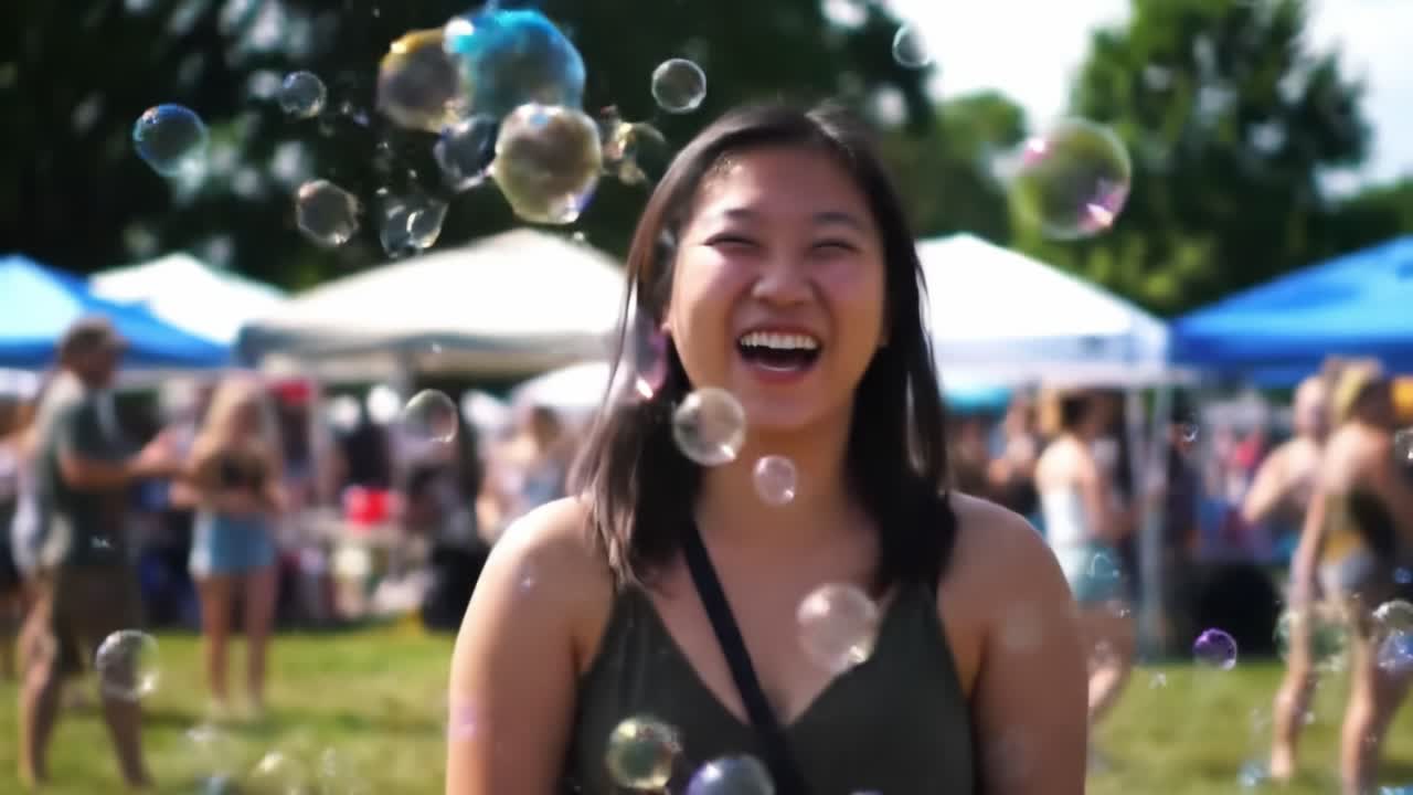Joyful Moments at the Festival: A Young Woman Enthusiastically Enjoys the Day Amidst Vibrant Bubbles and Laughter in a Lively Outdoor Setting