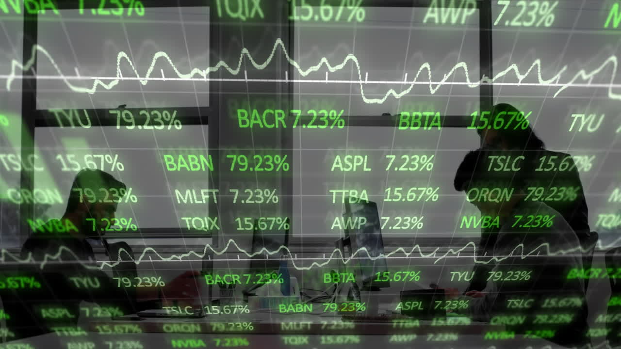 주식 시장 데이터 애니메이션 사무실에서 일하는 사업가들을 치는