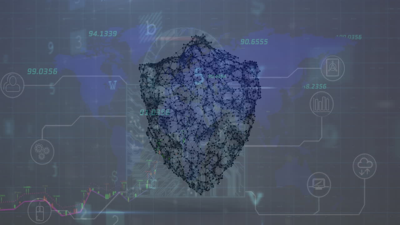 animación del procesamiento de datos de seguridad cibernética sobre el icono del escudo de seguridad contra el mapa del mundo.