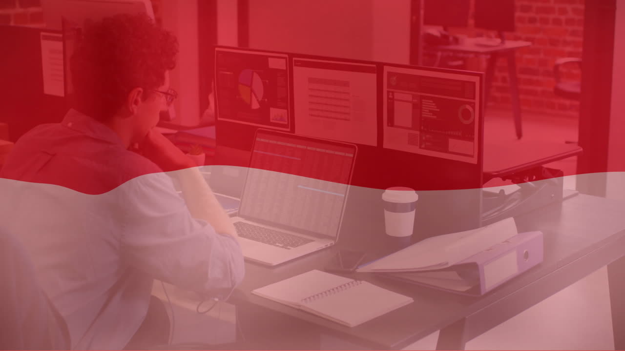 인도네시아 국기의 애니메이션 카우카스 사업가 노트북을 사용