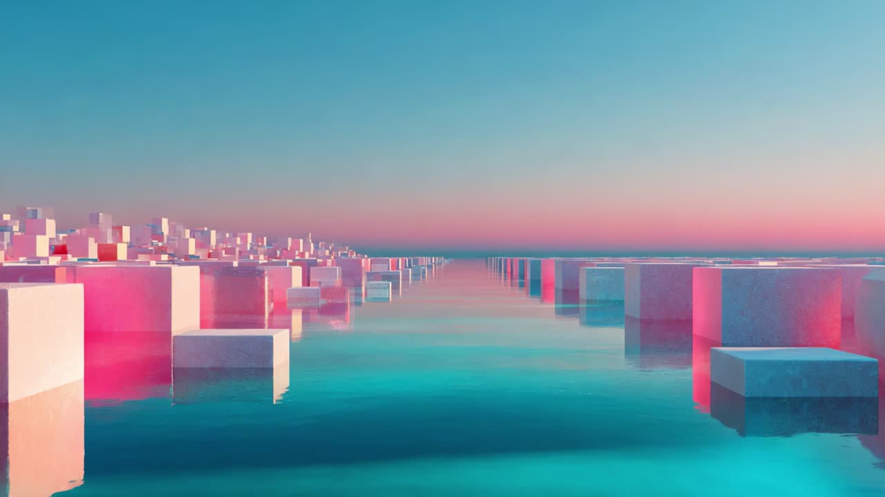 A Serene Landscape of Floating Cubes Reflected in Tranquil Waters Under a Pastel Sky, Creating a Stunning Visual Harmony of Shapes and Colors in a Dreamlike Environment