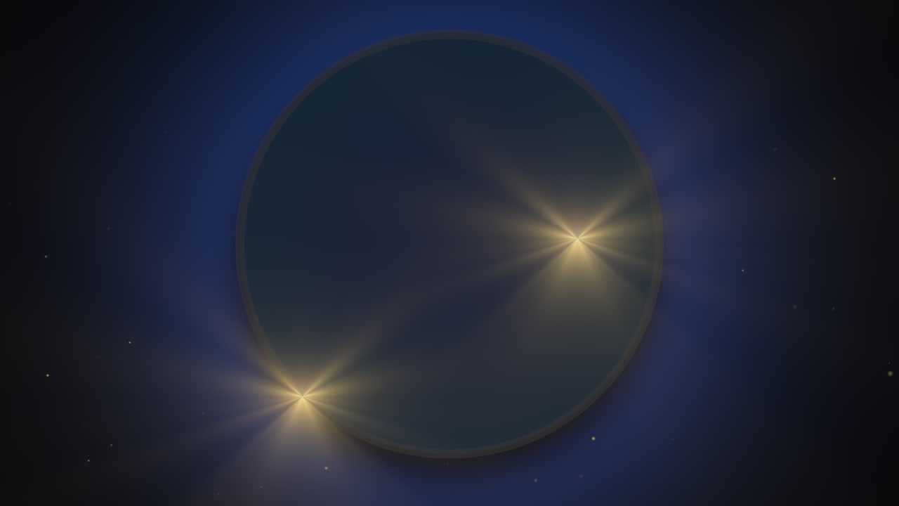 검은 원에 날아다니는 금빛 반짝이와 별빛