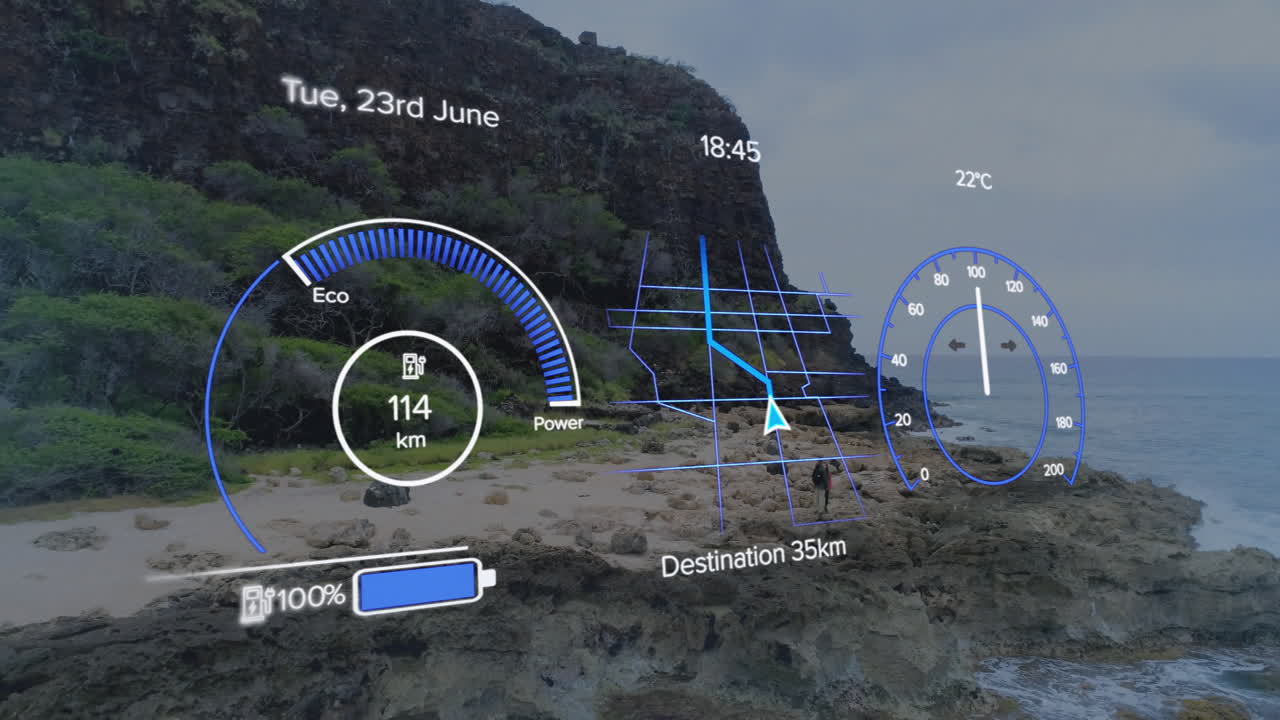 Animation of digital dashboard overlay with eco mode and navigation on coastline