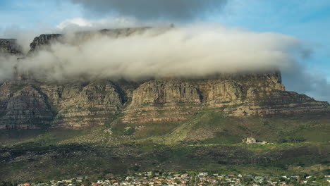 timelapse of clouds passing through table mountain, flat-topped mountain in cape town, south africa. - zoom in