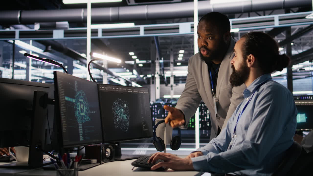 Vertical video Supervisor in server room monitoring worker managing AI training datasets