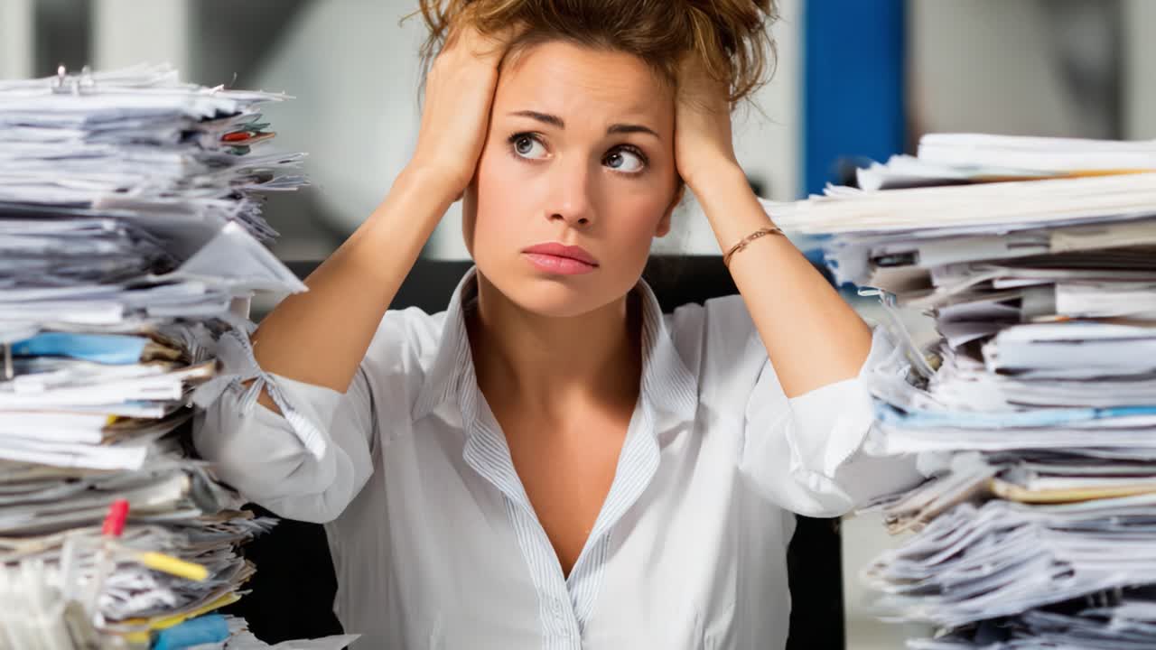 Overwhelmed by Paperwork: A Frustrated Individual Struggles with the Burden of Unmanaged Tasks and Endless Documentation in an Office Environment