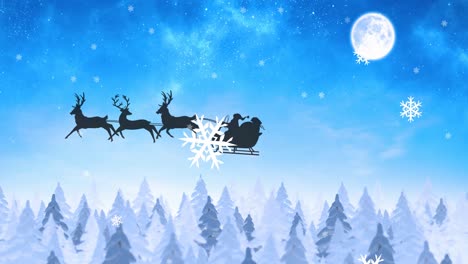 Animation-of-black-silhouette-of-santa-claus-in-sleigh-being-pulled-by-reindeer-with-snow-falling