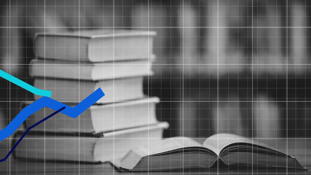 múltiples gráficos azules que se mueven sobre la red de cuadrícula contra la pila de libros