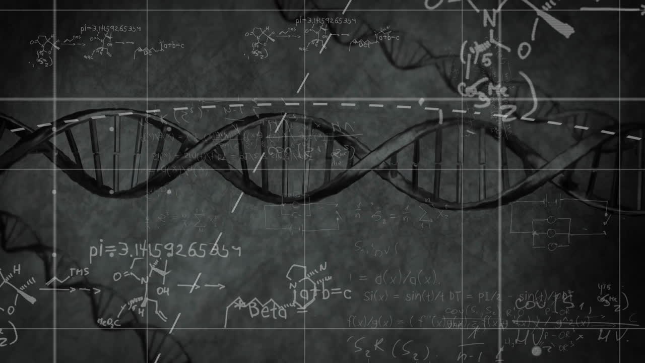 DNA strand and scientific equations, genetic research animation