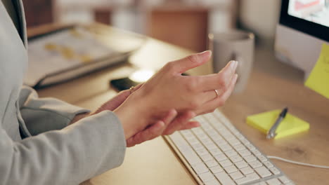 closeup, business and woman with wrist pain