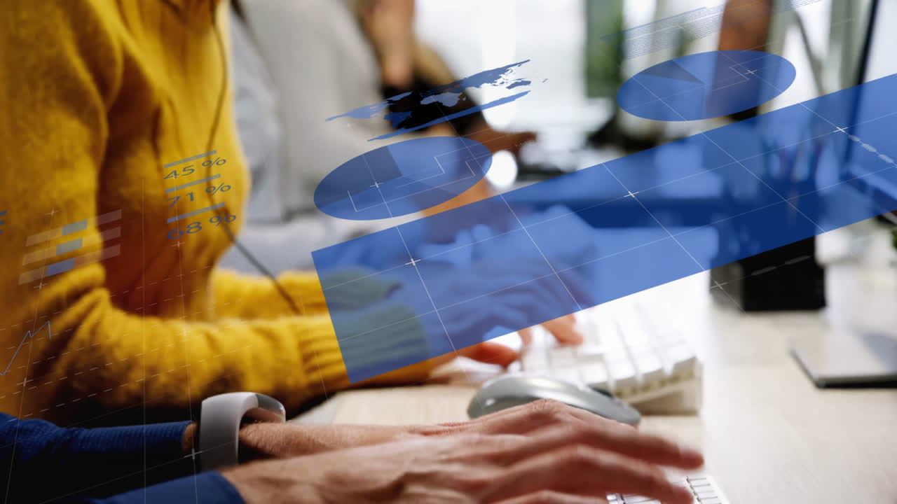 Animation av finansiell databearbetning över mångsidiga affärspersoner som använder telefonheadset