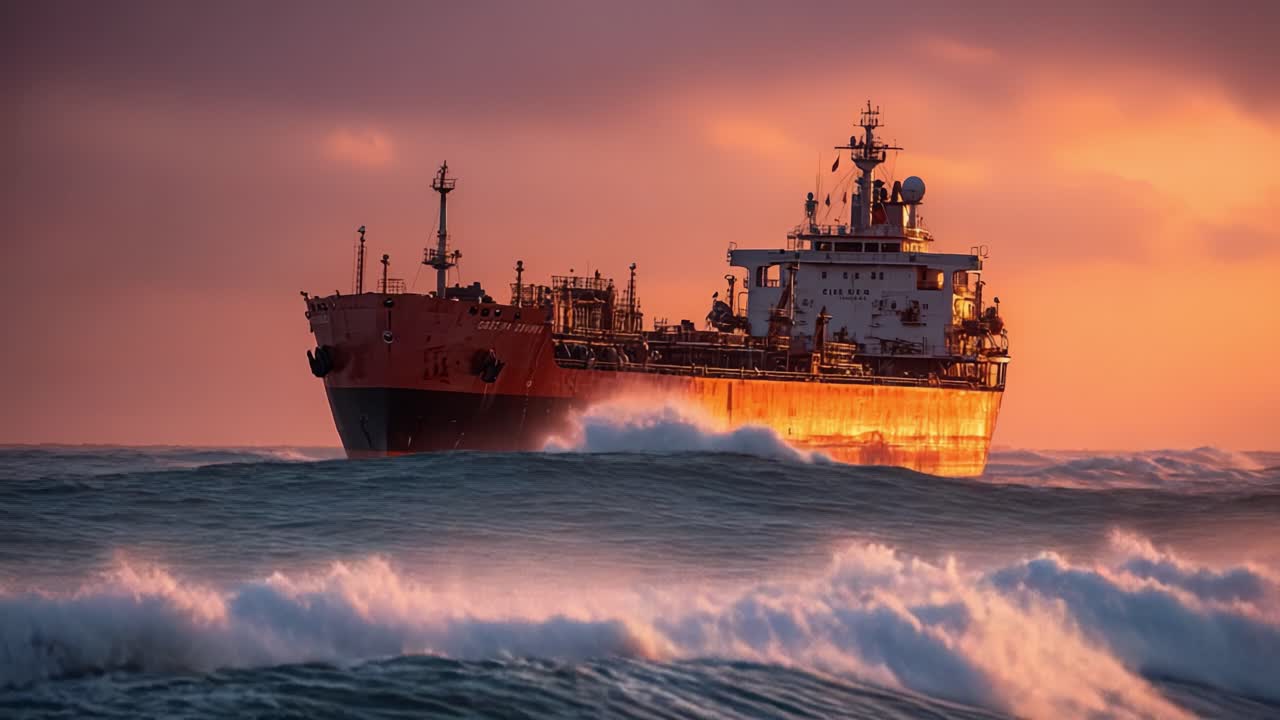 Majestic Vessel Navigating Through Turbulent Waves at Dusk, Capturing the Splendor of Maritime Life Amidst a Dramatic Sunset Background