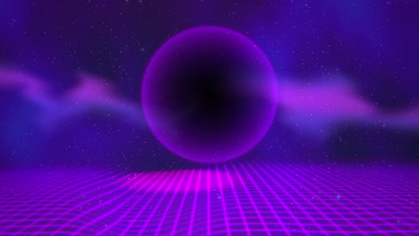 purple neon grid with big disco ball and sky stars in 80s style