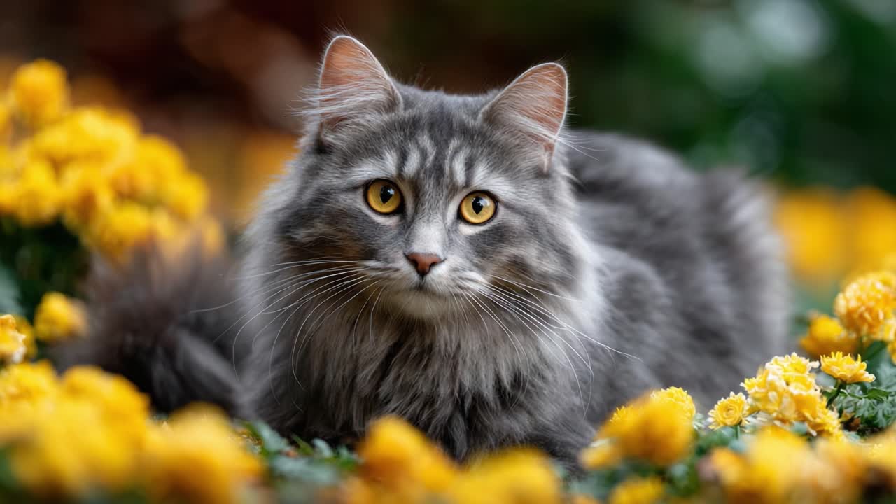 A Majestic Grey Cat Gazing Serene Among Vibrant Yellow Flowers, Capturing the Beauty of Nature and Feline Grace in a Bright Garden Setting