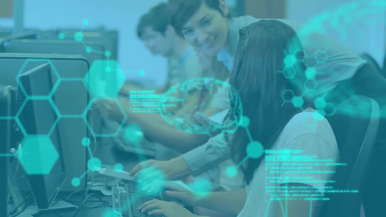 Animation of data processing over group of students using computers