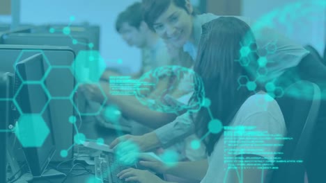 animation of data processing over group of students using computers