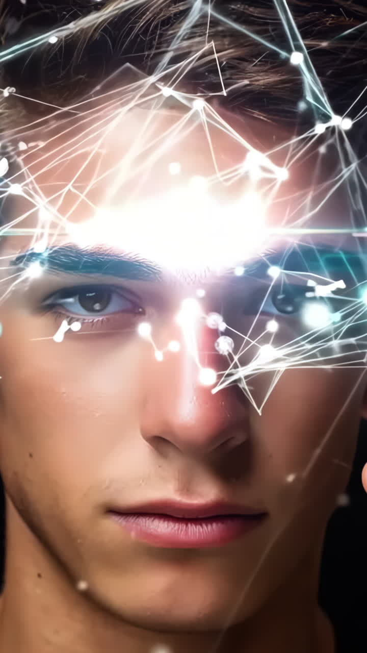 A man is pointing at a screen with a finger. The image is of a man with a blue shirt and brown hair