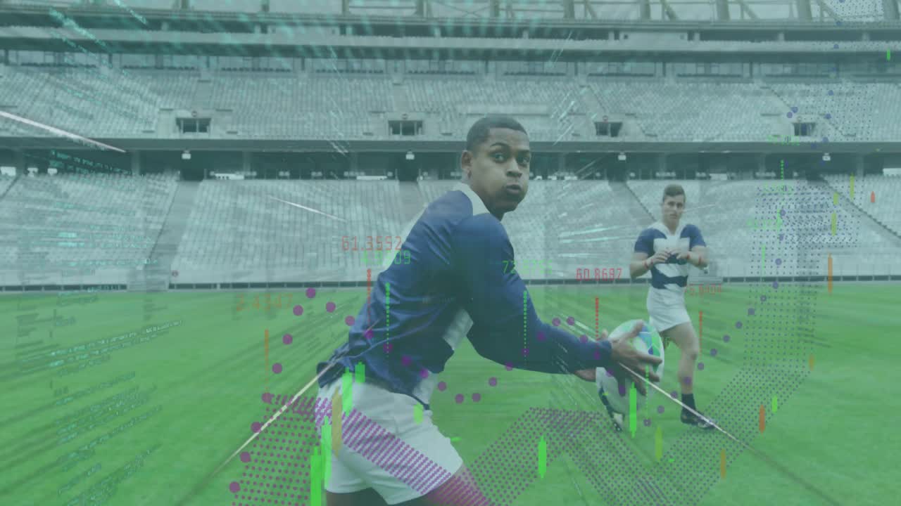 animación del procesamiento de datos sobre diversos jugadores de rugby en el estadio