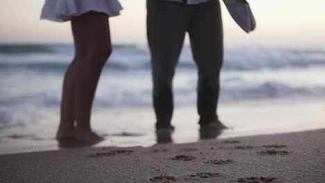 Slow-motion-handheld-shot-of-a-couple-in-love-standing-in-the-sand-in-front-of-calm-waves-from-the-sea-with-their-dog-during-dusk