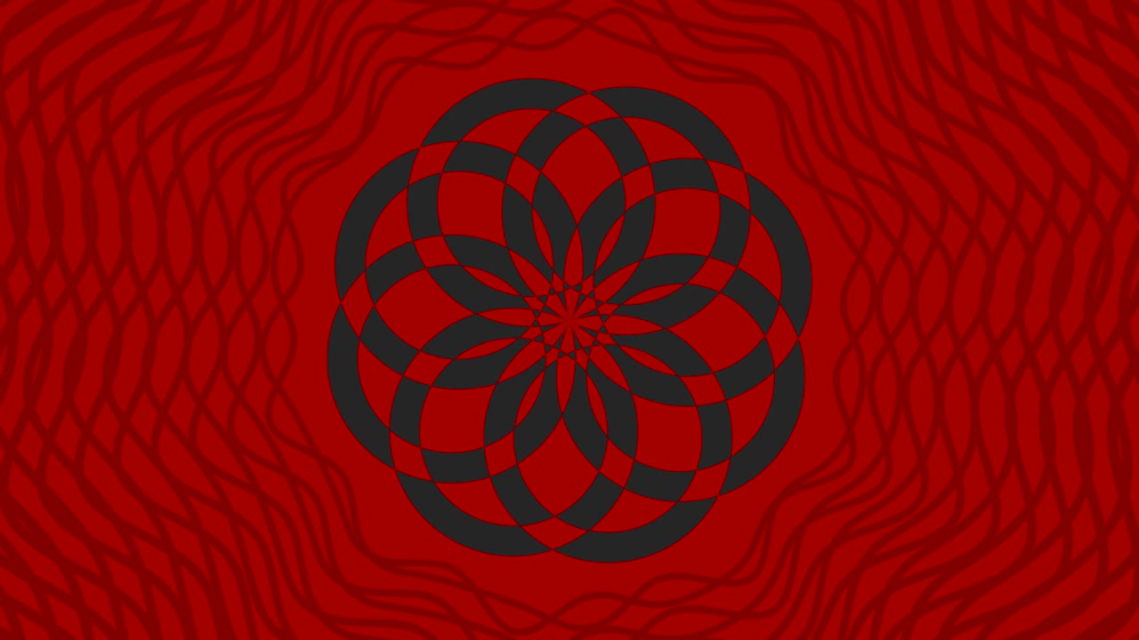 Graphic object that rotates in the center, increasing and then reducing size within a graphic frame, while the background quickly changes color creating a psychedelic effect, in 16: 9 video format