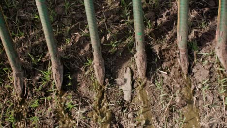 liquid manure spreader releasing slurry on field close up slow motion