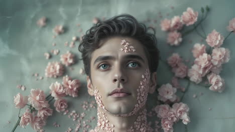 man surrounded by pink flowers and petals