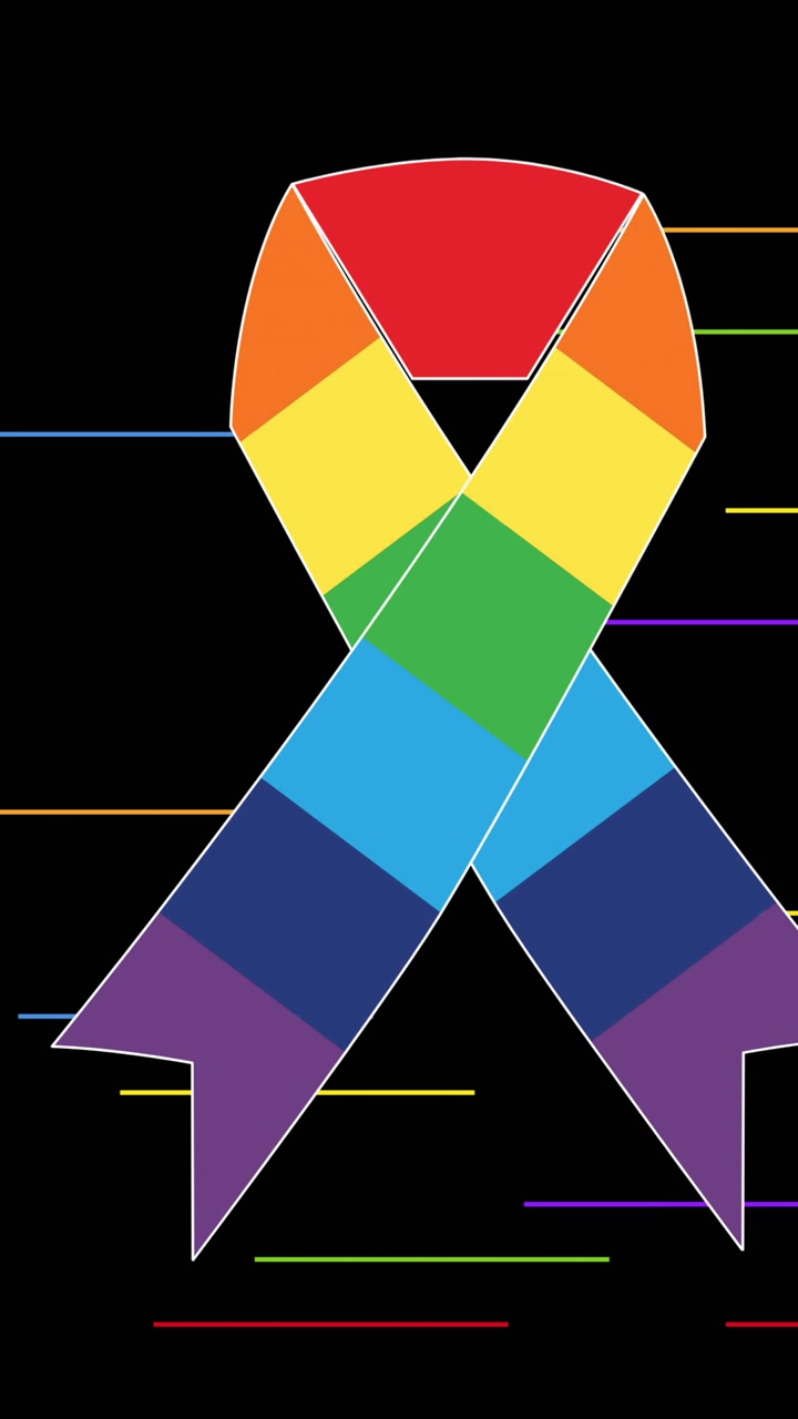 Animation of rainbow ribbon over rainbow stripes on black background