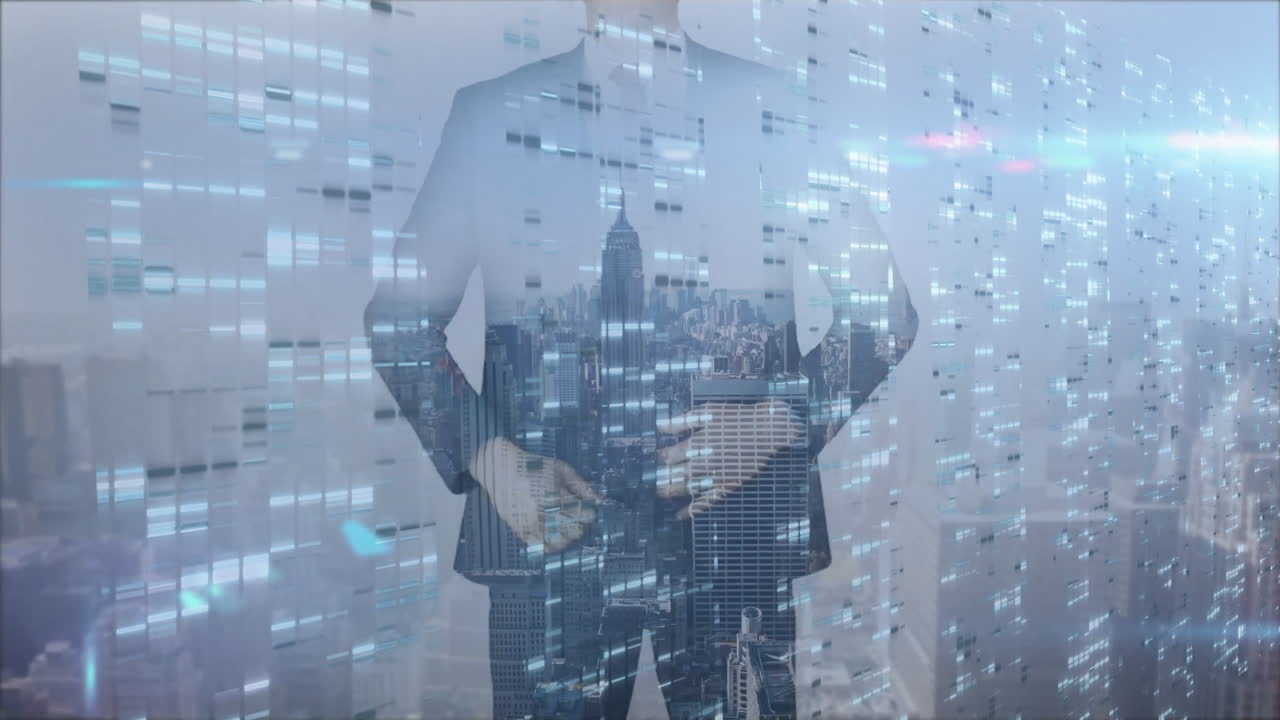 Animazione di skyline cittadino con sequenza di DNA che si sovrappone alla silhouette di una persona d'affari