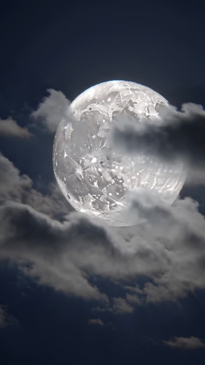 Vista aérea de uma lua cheia com crateras visíveis, cercada por nuvens, criando uma noite cinematográfica